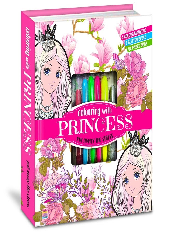 BRIJBASI Hello Friend Princess Colouring Combo Kit with 4 Neon Pens & 2 Glitter Tubes + 32 Pages Colouring Pad, 4+ yrs. - Image 1